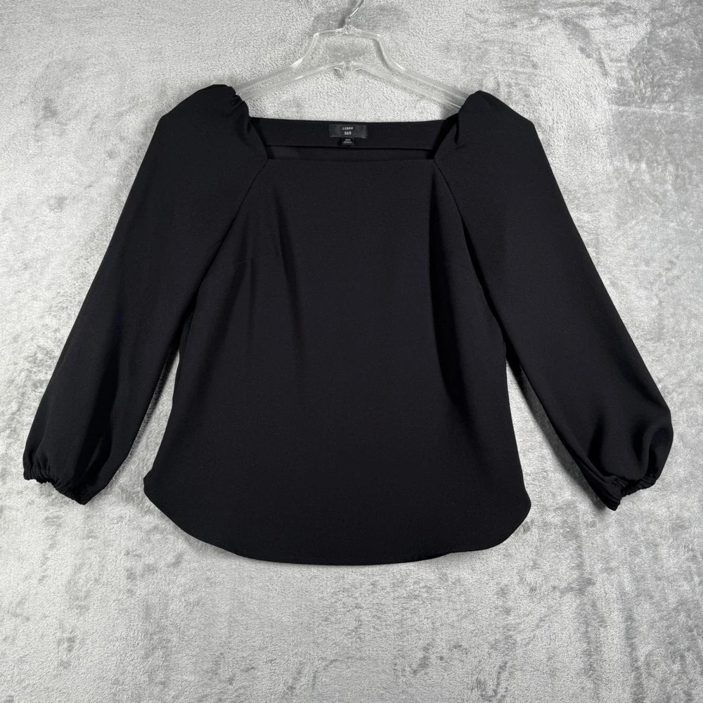 J.Crew 365 Blouse Women 00 Black Square Neck Long Sleeve Puff‎ Sleeve Minimalist